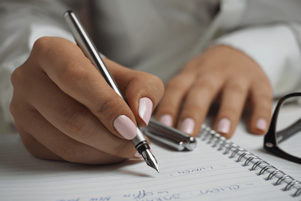 woman recording what she has eaten for lunch in a notebook