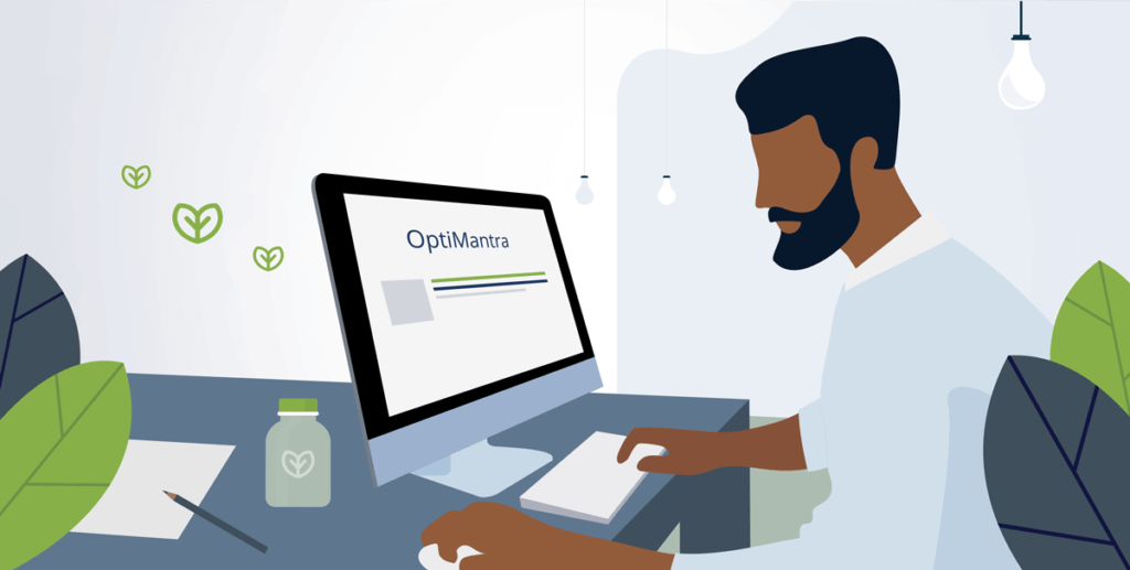 illustration of man sitting at desk and working on desktop computer