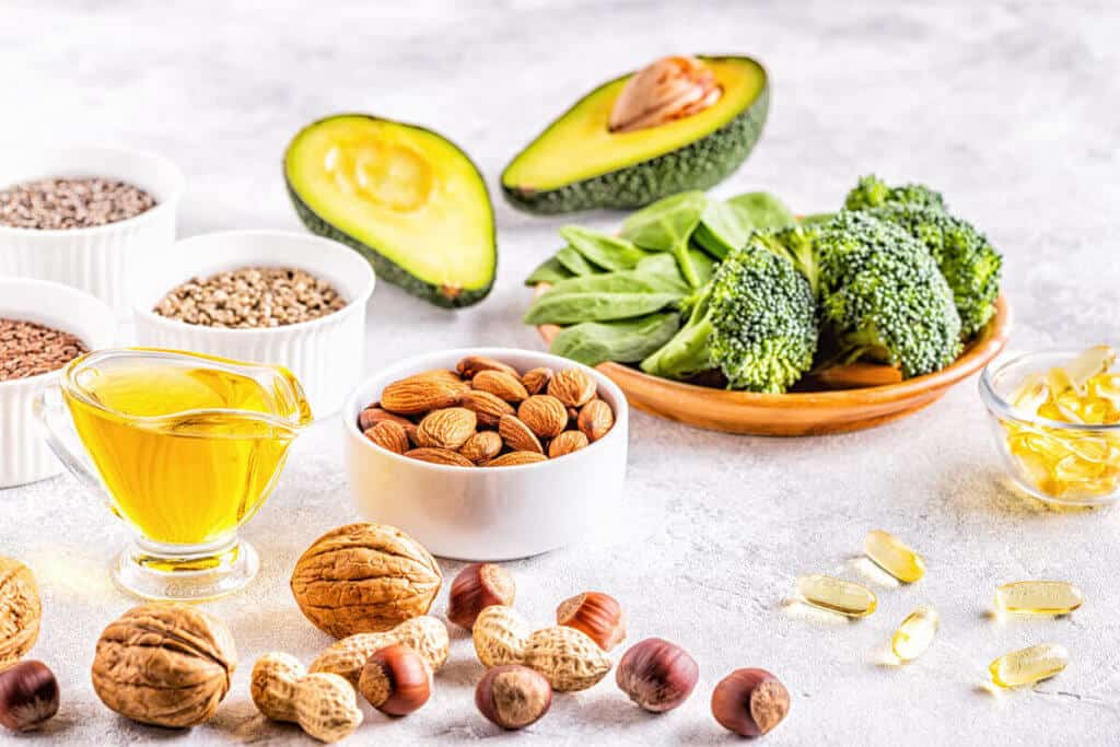 avocado, nuts, oils, and leafy greens