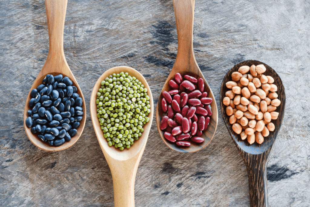 four spoons with different bean types in them
