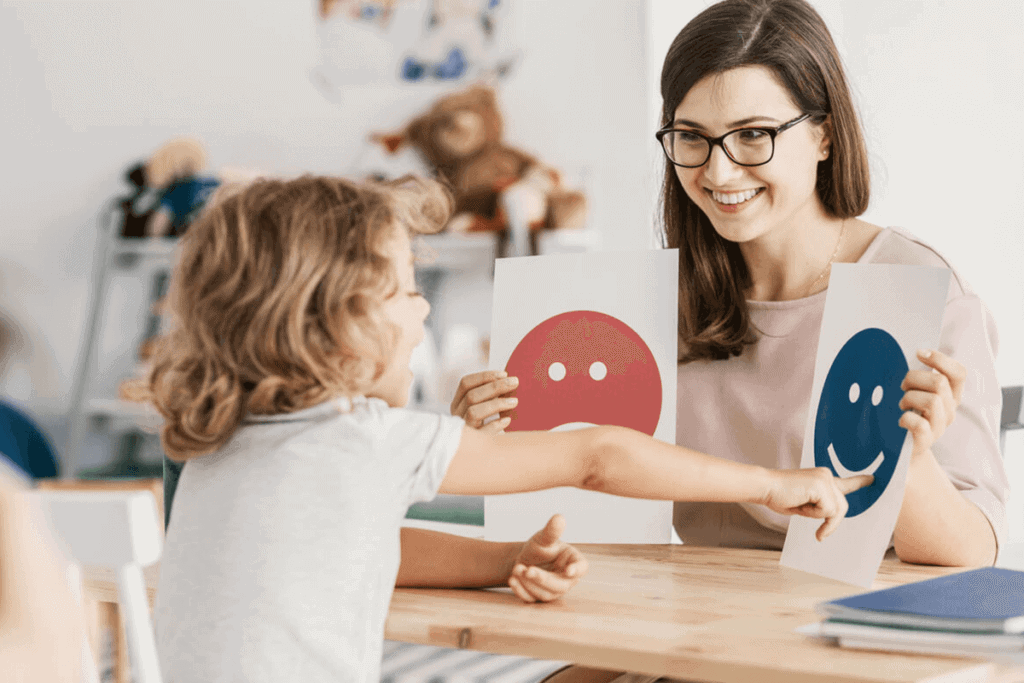 mother and her child playing with cue cards