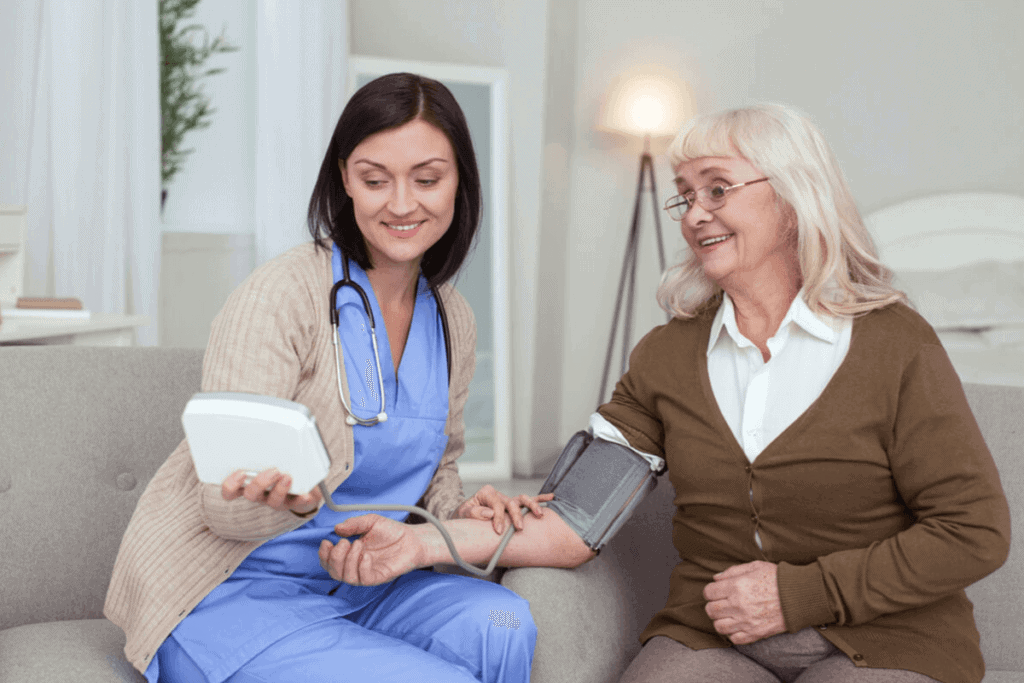 practitioner measuring patient's blood pressure