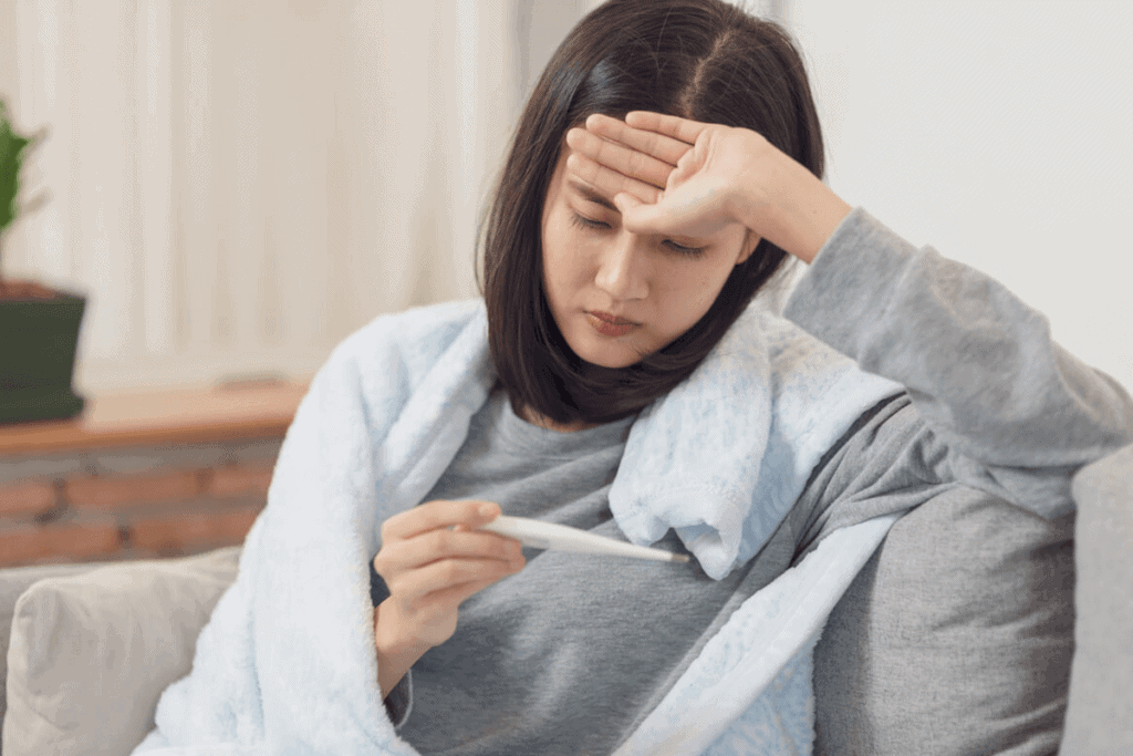 woman measuring her temperature with a thermometer