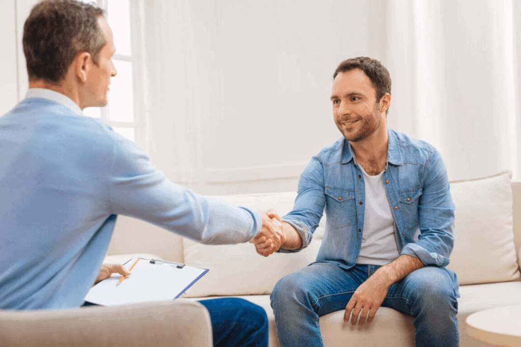 male practitioner shaking hands with a male patient