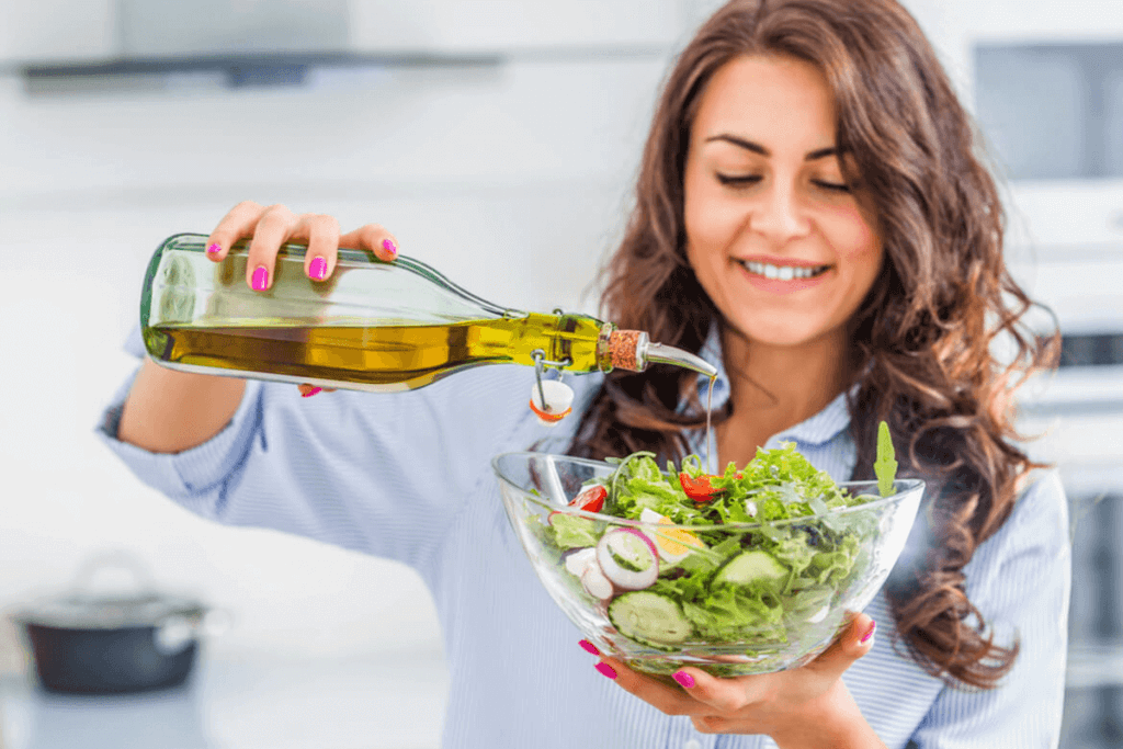 Salad of tomatoes, cheese, black olives, and olive oil.