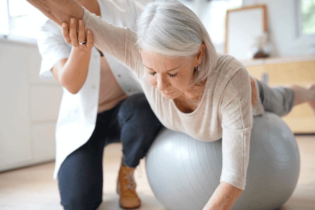 woman stretching on an exercise ball