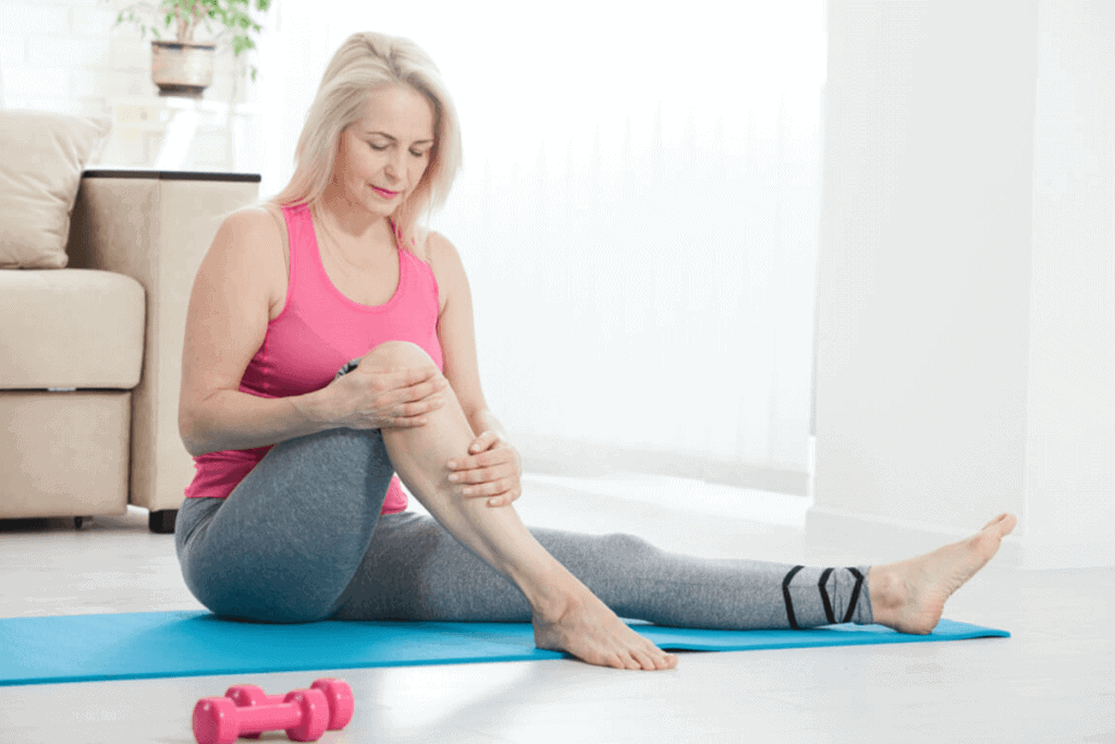 woman sitting and holding her right leg