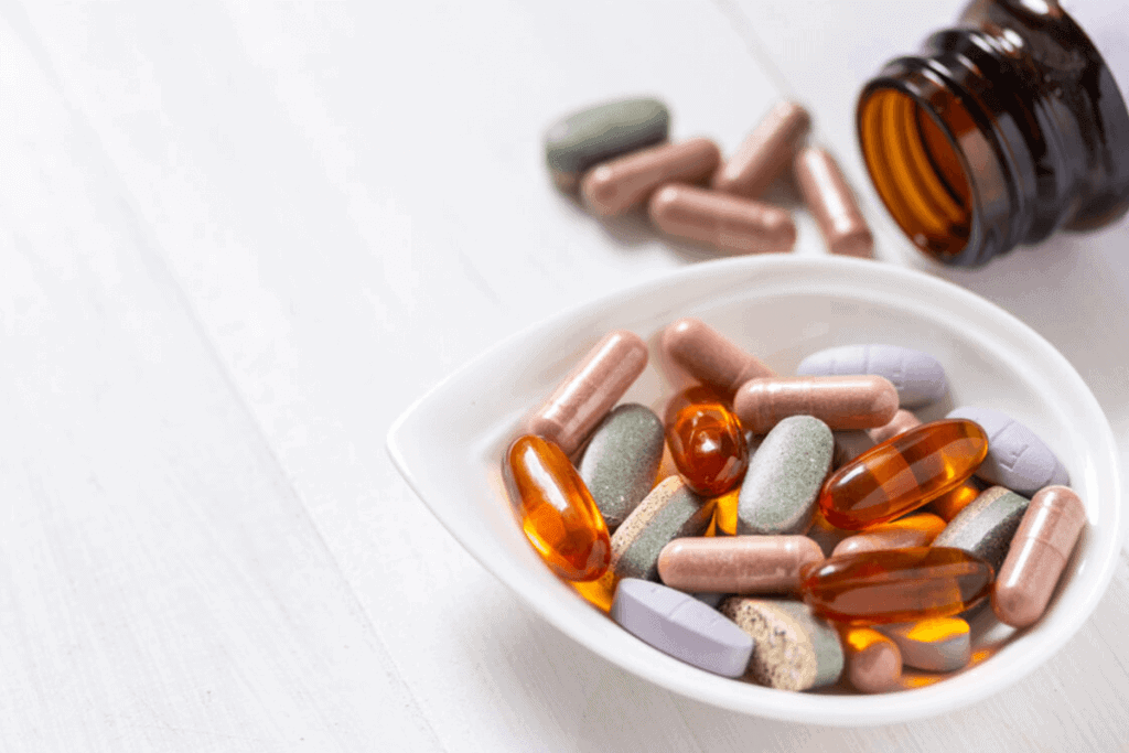 supplements in a white container next to supplement bottle