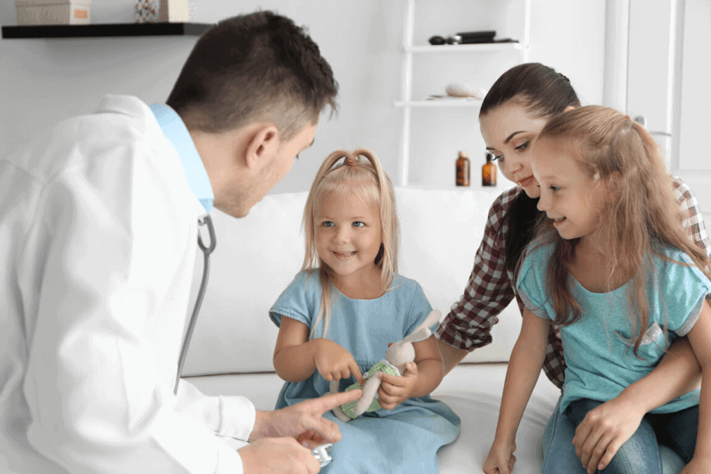 practitioner helping a family of three