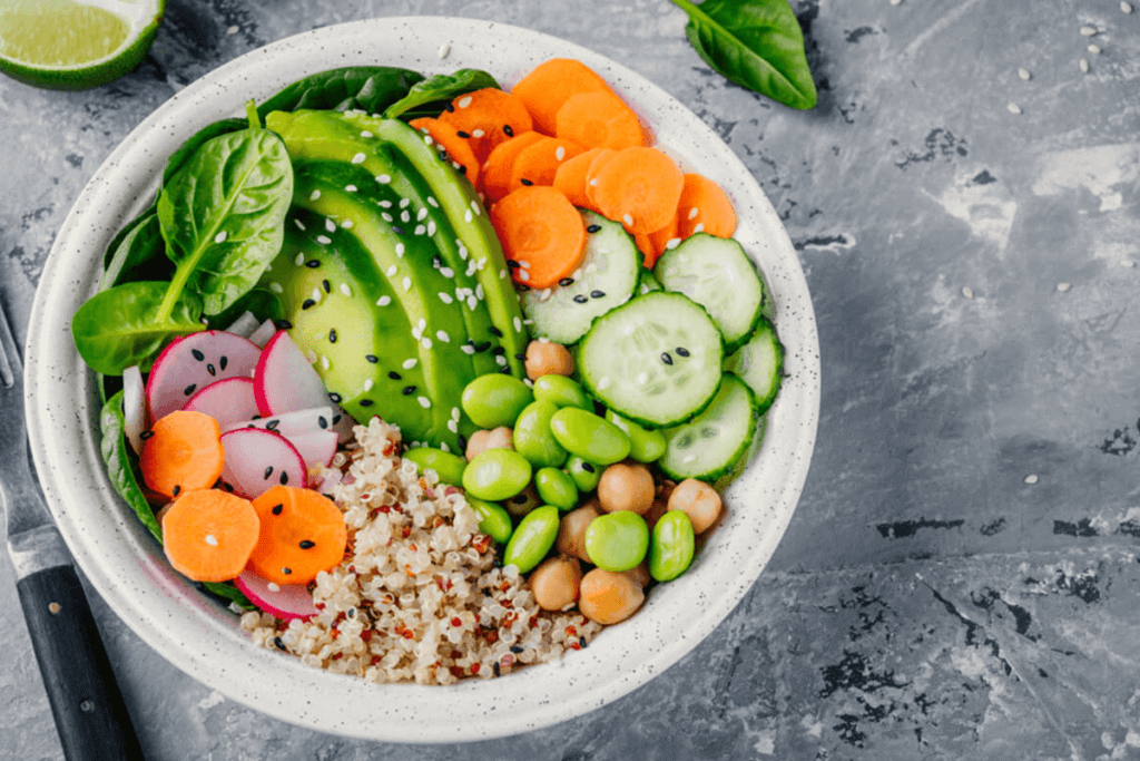 a bowl with a variety of vegetables and seeds