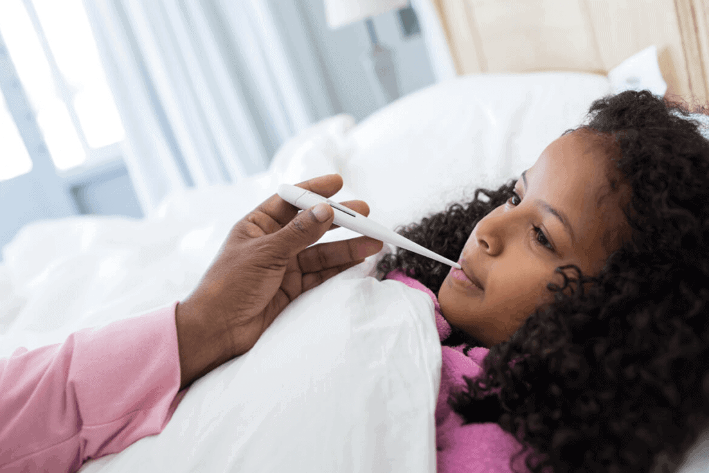 little girl in bed getting her temperature measured