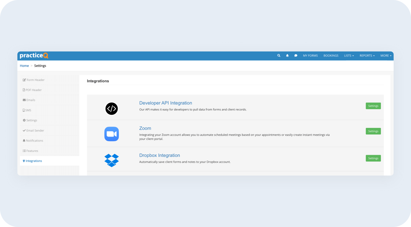 fullscript and practiceq integration step 1 screenshot showing practiceQ integrations partner interface