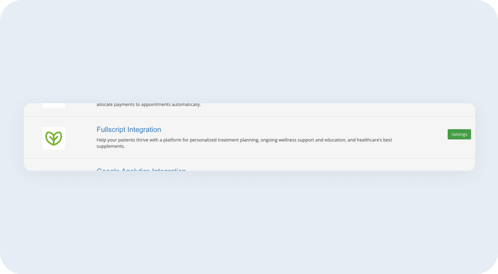 fullscript and practiceq integration step 2 screenshot showing fullscript integration listing in practiceq settings