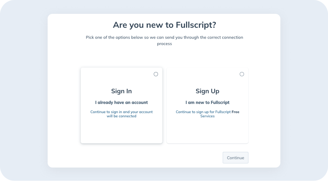 MyherbPharm integration screenshot of Fullscript sign up/sign in page